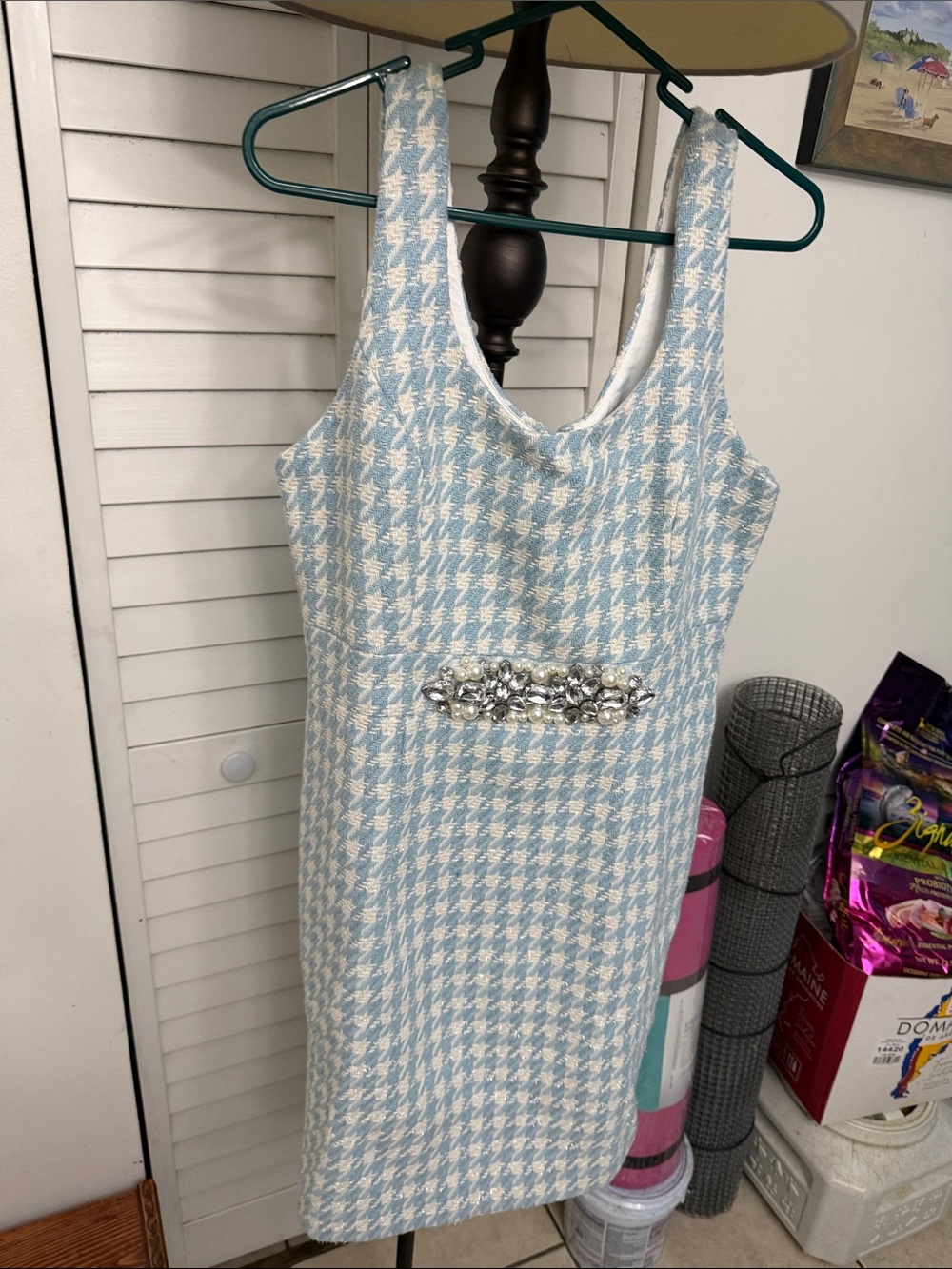 Boston Proper Light Blue & White Houndstooth Mini Dress with Jeweled Waist